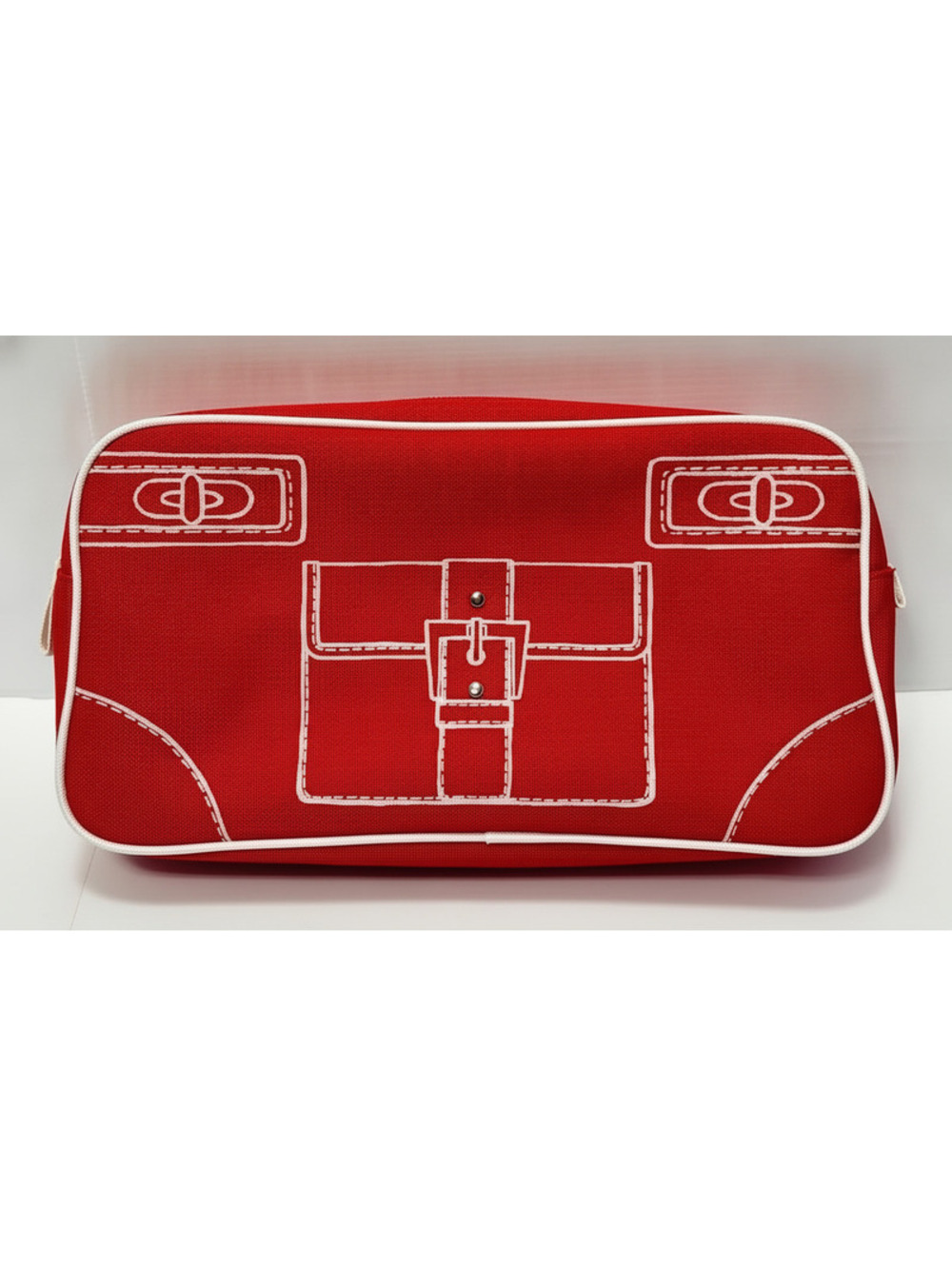 Clinique Red Canvas Cosmetic Bag with White Image Stitching and Zipper Closure